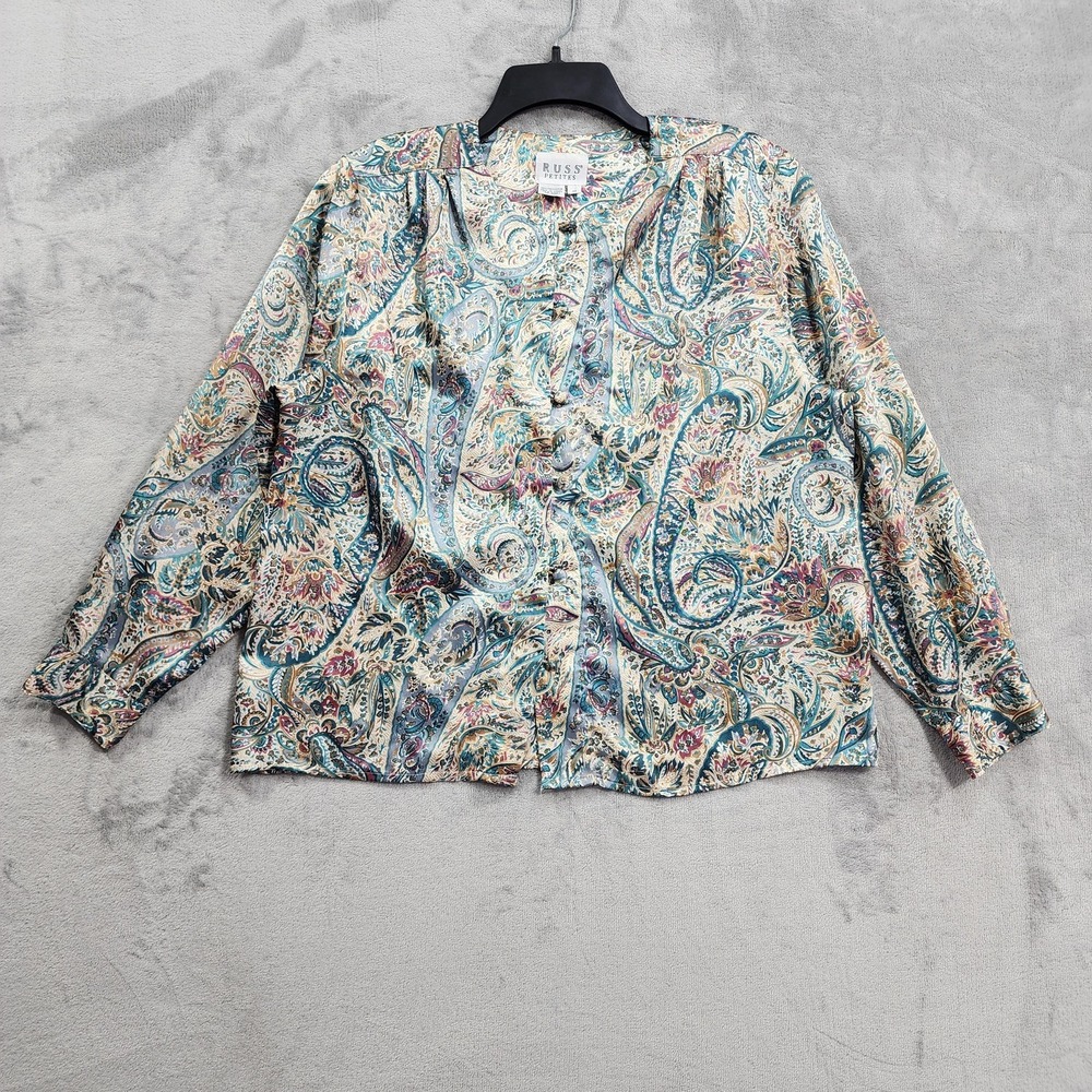 Vintage Russ Top Womens 14 PETITES Multicolor Paisley Satin Button Blouse